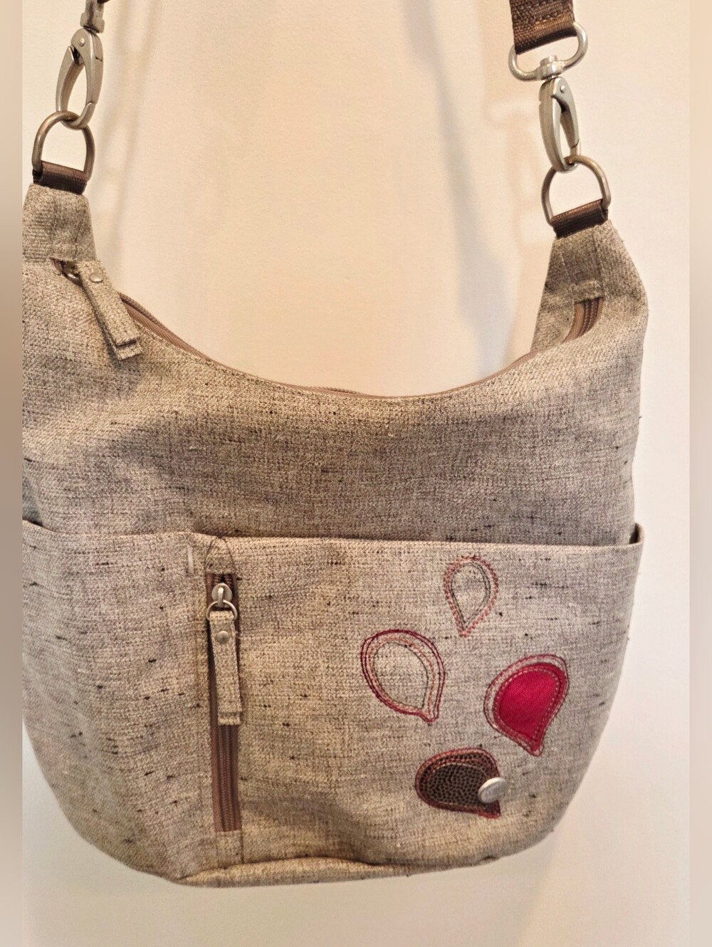 Haiku Ascend Eco Neutral Gray/Beige Hobo Bag with Red and Brown Embroidery
